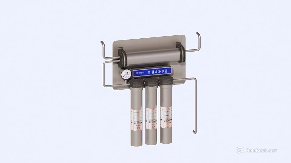 Commercial Kitchen Wall Mounted Water Purifier With Dual Filters And Pressure Gauge 3d model 