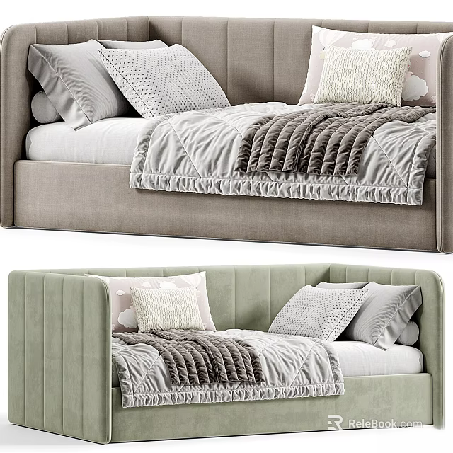 Cozy Kids Bed Design With Soft Upholstered Headboard Plush Pillows And Warm Blanket 3d model 