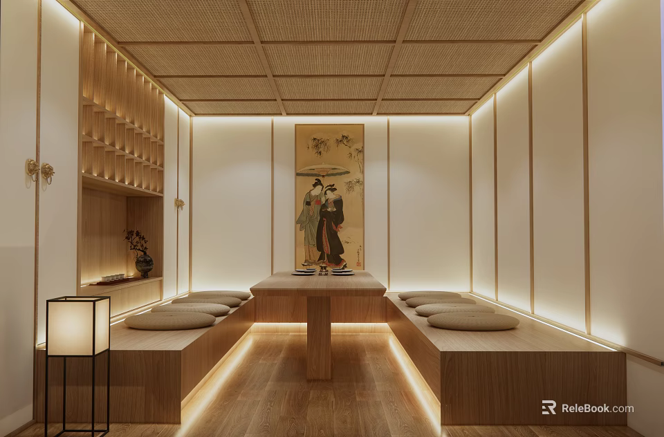 Traditional Japanese Private Box Interior With Tatami Seating Wooden Elements And Warm Lighting 3d model 