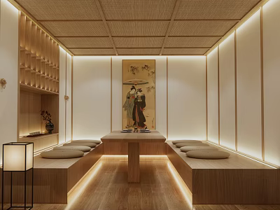 Traditional Japanese Private Box Interior With Tatami Seating Wooden Elements And Warm Lighting 3d model
