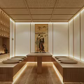 Traditional Japanese Private Box Interior With Tatami Seating Wooden Elements And Warm Lighting