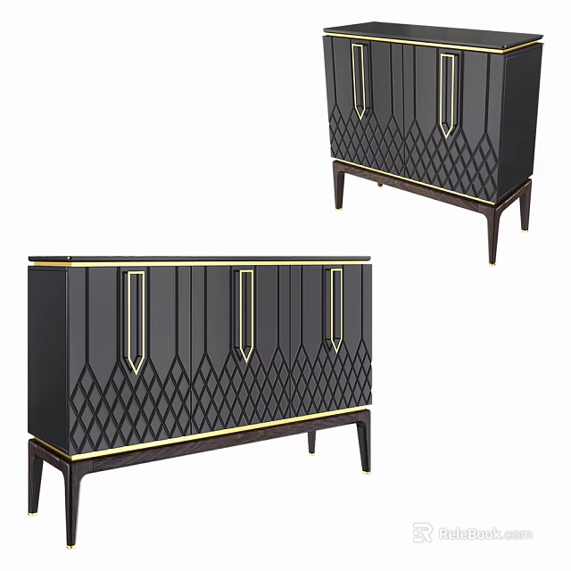 Luxury Modern Black Sideboard With Gold Accents Geometric Pattern And Metal Handles 3d model 