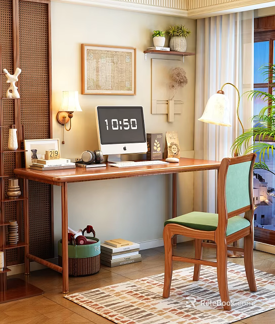 Cozy Home Office With Wooden Desk Computer Green Chair Table Lamp Wall Decor And Bookshelf 3d model 