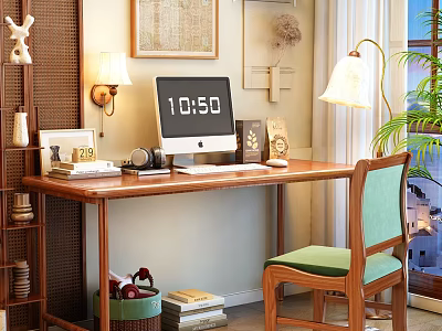Cozy Home Office With Wooden Desk Computer Green Chair Table Lamp Wall Decor And Bookshelf 3d model