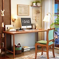 Cozy Home Office With Wooden Desk Computer Green Chair Table Lamp Wall Decor And Bookshelf