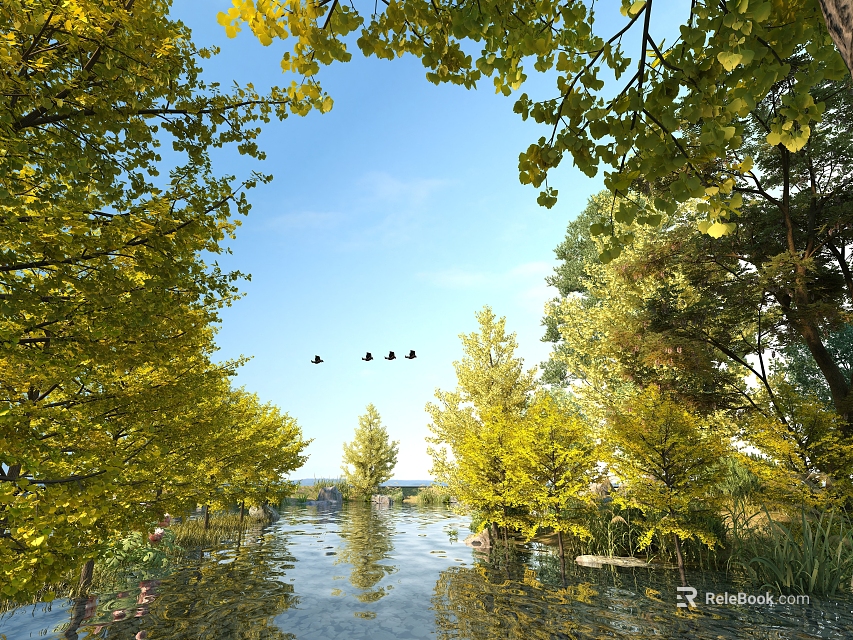 Scenic Water Surface With Yellow Leaf Trees Green Foliage Blue Sky And Flying Birds 3d model 