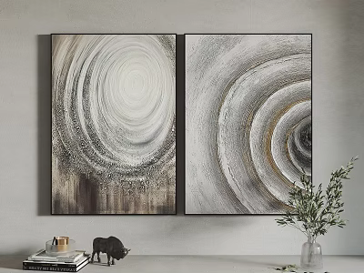 Abstract Circular Pattern Wall Art Decor In Modern Living Room With Plants And Books 3d model