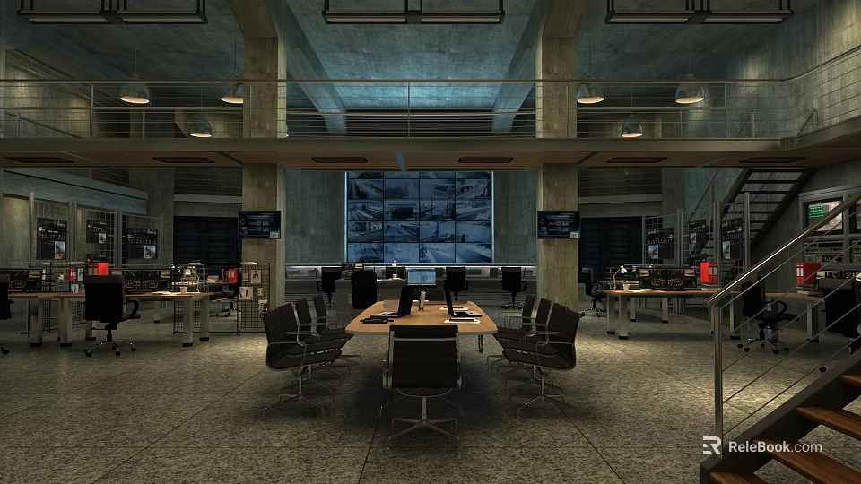 Modern Control Room Interior With Large Monitoring Screens Control Consoles Tables Chairs And Equipment 3d model 