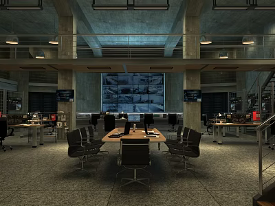 Modern Control Room Interior With Large Monitoring Screens Control Consoles Tables Chairs And Equipment 3d model