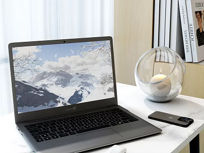 Modern Laptop With Snowy Mountain Screen Display And Glass Candle Holder On Desk 3d model