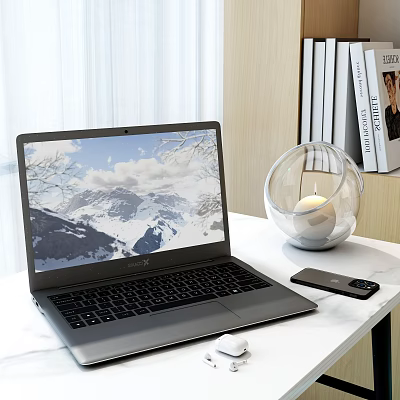 Modern Laptop With Snowy Mountain Screen Display And Glass Candle Holder On Desk 3d model