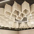 Modern Banquet Hall Interior Design With Wavy White Suspended Ceiling And Crystal Pendant Lights