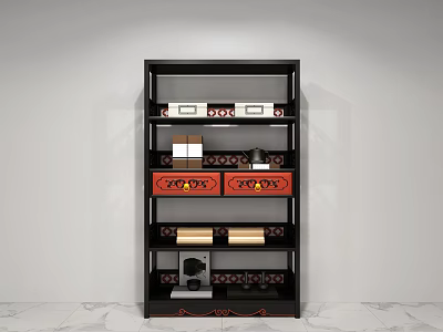 Traditional Chinese Black Curio Cabinet With Multiple Shelves And Decorative Red Accents 3d model