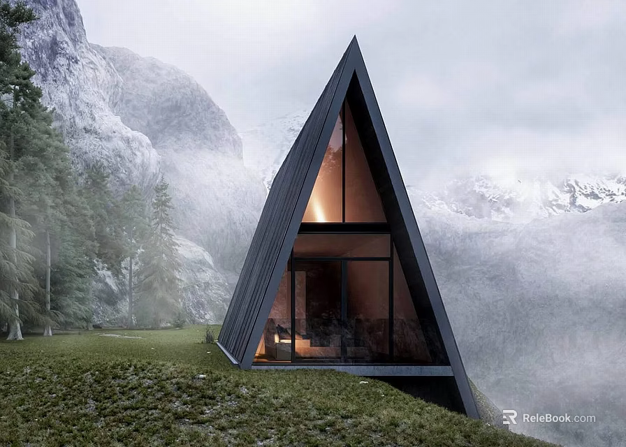 Modern A Frame Villa With Mountain Mist Green Grass And Large Glass Windows 3d model 