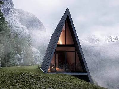 Modern A Frame Villa With Mountain Mist Green Grass And Large Glass Windows 3d model
