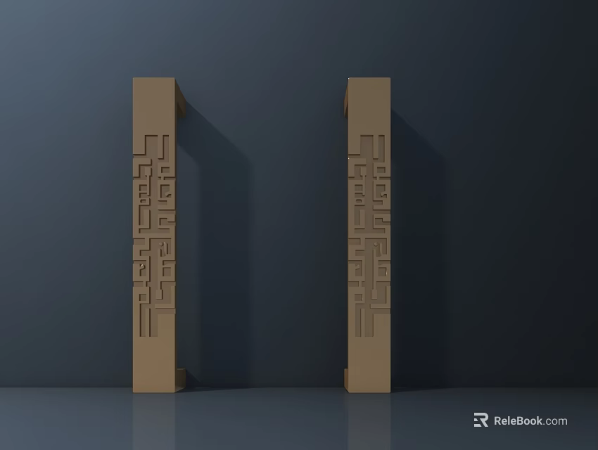 Two Brown Columnar Hardware Tools With Hollow Geometric Patterns Against Dark Wall 3d model 
