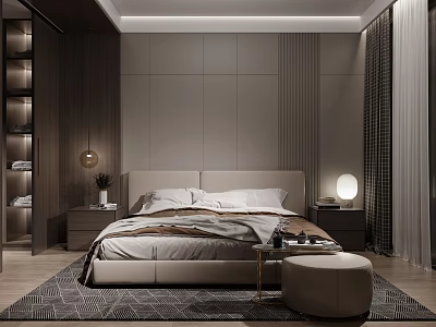Modern Bedroom Interior Design With Beige Headboard Dark Wood Wardrobe Bedside Lamps And Geometric Rug 3d model