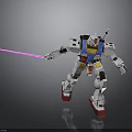 White Robot Figure With Glowing Sword Blue Yellow Red Details Standing On Reflective Floor