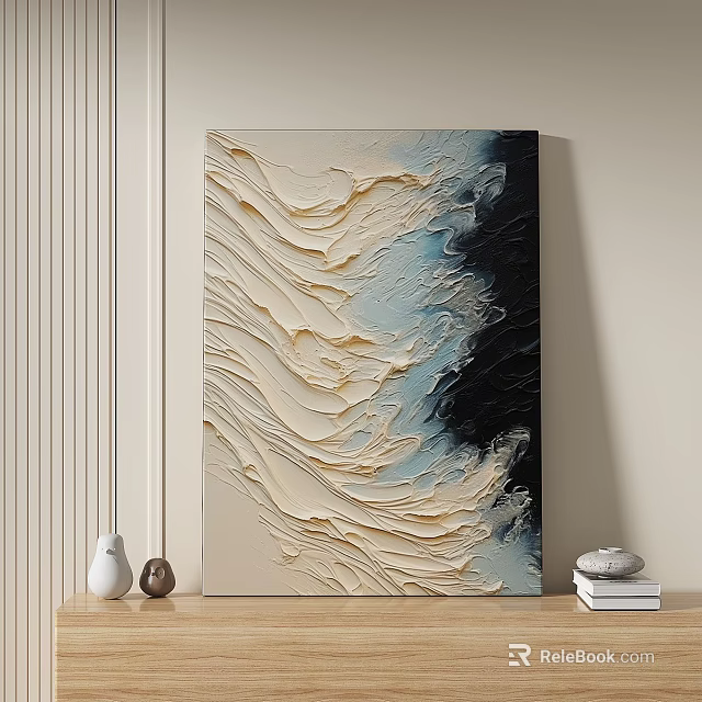 Textured Abstract Painting With Cream Wavy Patterns Light Blue And Black Tones 3d model
