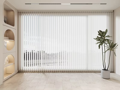 White Vertical Blinds In Modern Minimalist Interior With Potted Plant And Shelving Unit 3d model