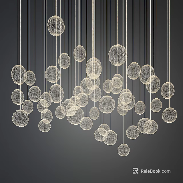 Multiple Circular Wire Openwork Chandeliers Hanging as Modern Interior Decorative Light Fixtures 3d model 
