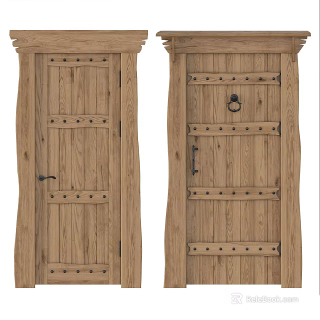 Vintage Wooden Hinged Doors With Rivet Details Horizontal Strips And Door Knocker 3d model 