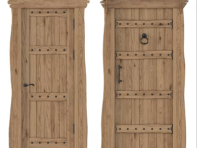 Vintage Wooden Hinged Doors With Rivet Details Horizontal Strips And Door Knocker 3d model