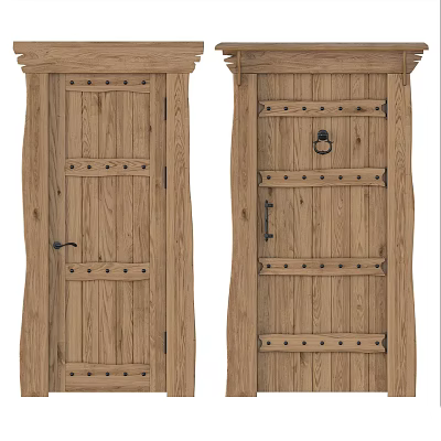 Vintage Wooden Hinged Doors With Rivet Details Horizontal Strips And Door Knocker 3d model