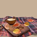 Latte Coffee On Wooden Tray Over Plaid Blanket Surrounded By Autumn Leaves And Cinnamon Sticks