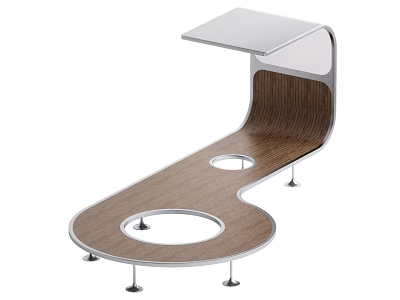Modern Curved Wooden Furniture With Metal Legs Circular Cutouts And Small Square Top 3d model