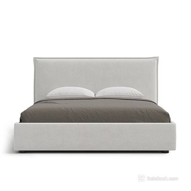 Modern Upholstered Double Bed With Light Gray Headboard Dark Gray Mattress And White Pillows 3d model 