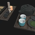 Stylish Tea Serving Set With Wooden Trays Black Teapot Blue Cups And Spoons