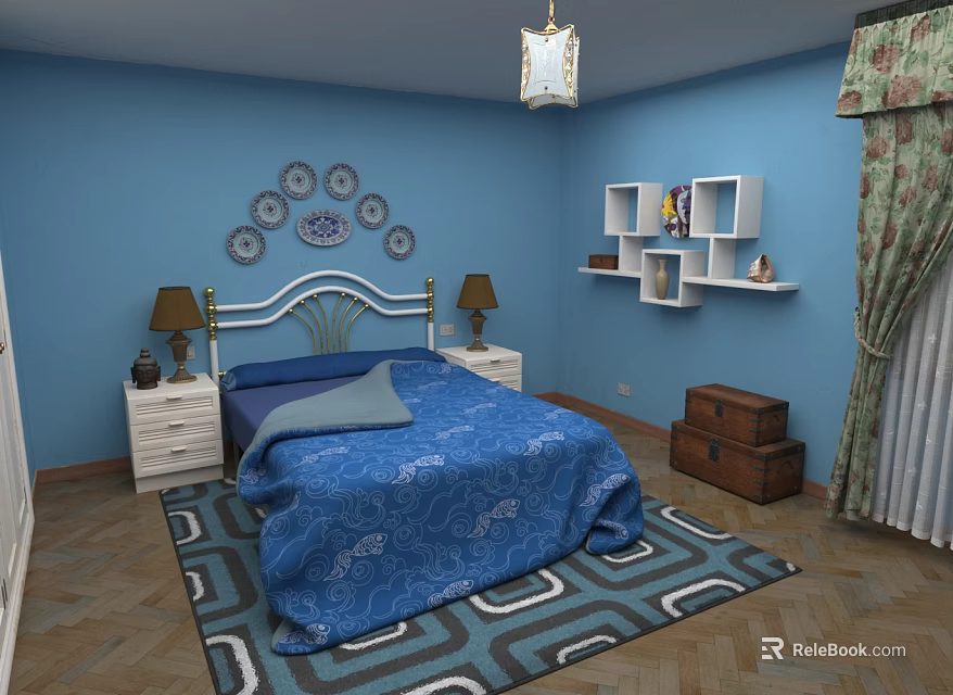 Cozy Blue Children's Room With Bed Decorative Plates Table Lamps Shelves Books And Rug 3d model 