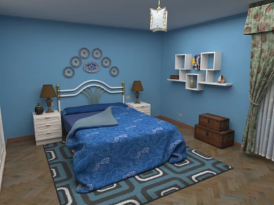 Cozy Blue Children's Room With Bed Decorative Plates Table Lamps Shelves Books And Rug 3d model