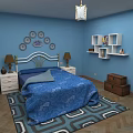 Cozy Blue Children's Room With Bed Decorative Plates Table Lamps Shelves Books And Rug