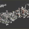 Colorful Cartoon Industrial Scene With Factories Buildings Helicopters And Vehicles