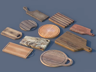 Natural Wood Cutting Boards with Various Shapes and Kitchen Utensils 3d model