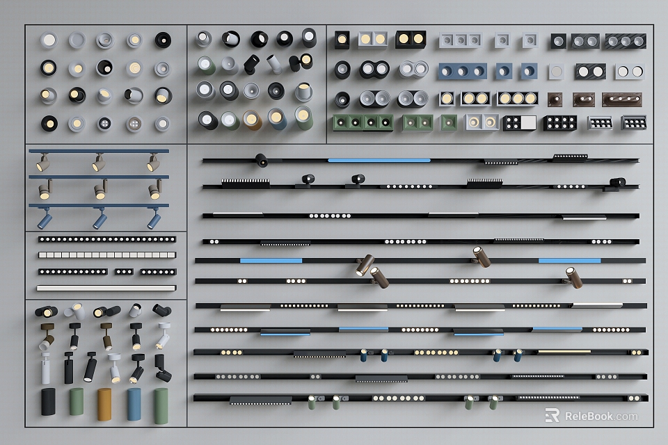 Diverse Lighting Fixture Combinations With Bulbs Sockets Rods Various Shapes And Colors 3d model 