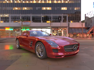Red Mercedes Sports Car Parked On City Street With Tall Buildings And Lights 3d model