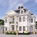 Elegant White Exterior Detached Villa With Black Roof Dome Statue And Balcony