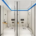 Modern Public Toilet Interior With Clean Stalls White Walls And Blue Trim