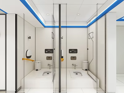 Modern Public Toilet Interior With Clean Stalls White Walls And Blue Trim 3d model