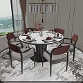 Round Dining Table Set with Six Red Beige Chairs Red Flower Bouquet Tableware Large Window 3d model