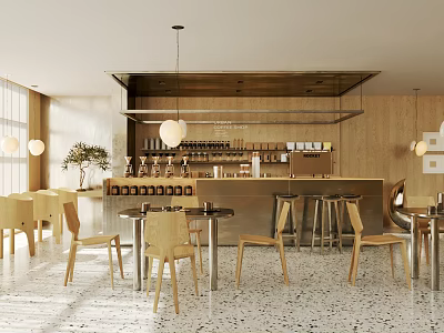 Modern Café Interior Design With Wooden Bar Tables Chairs And Hanging Lights 3d model