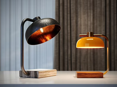 Modern Table Lamps With Copper And Yellow Shades Wooden Base And Metal Frames On Tabletop 3d model