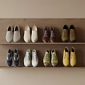 Assorted Colorful Shoes with Casual and Lace Up Styles on Two Tiered Wooden Shelf