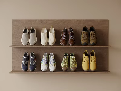 Assorted Colorful Shoes with Casual and Lace Up Styles on Two Tiered Wooden Shelf 3d model
