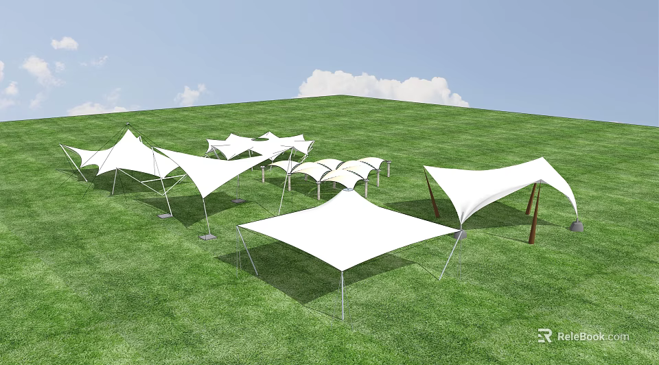 White Tensile Membrane Structures On Green Grass Field With Multiple Canopies 3d model