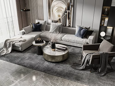 Modern Light Gray L Shaped Sofa and Coffee Table Set with Cushions Accent Chair and Rug 3d model