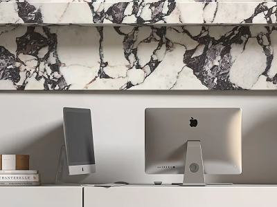 Apple iMac And Silver Monitor On White Desk With Marble Wall Background Near Stacked Books 3d model